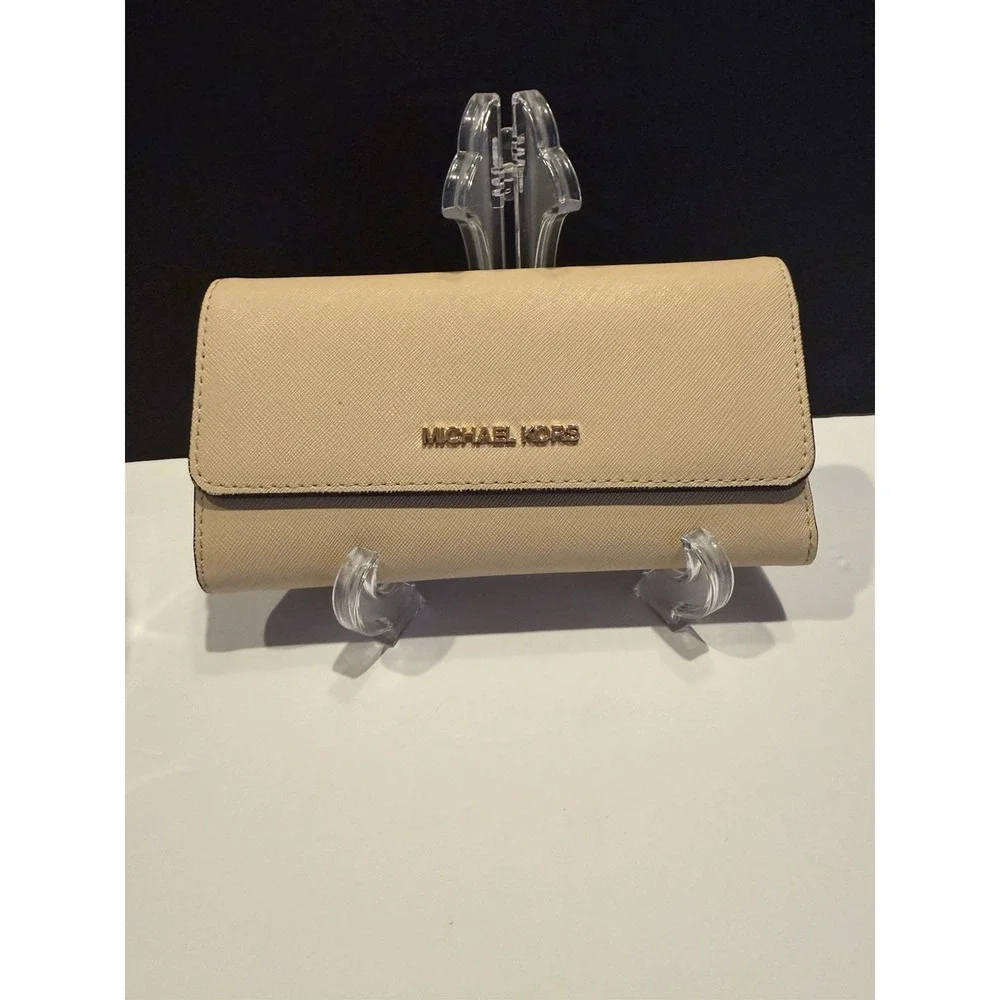 Michael Kors Beige Saffiano Leather Flap Wallet Continental Zip MK
